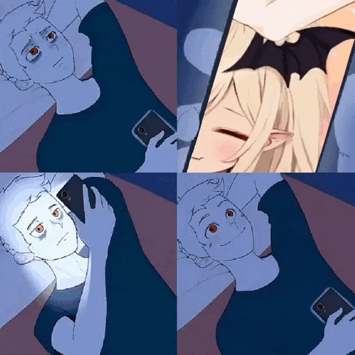 a cartoon of a man laying on a bed looking at a phone