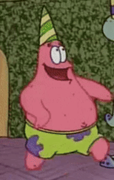 patrick star from spongebob is wearing a party hat and smiling