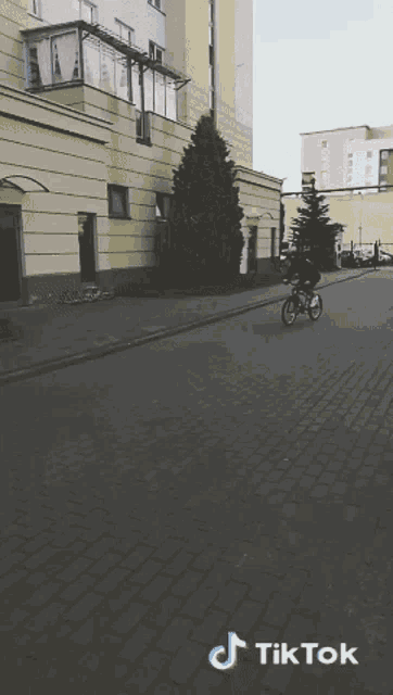 a person is riding a bike on a brick sidewalk with tik tok written on the bottom