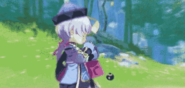 a pixel art of a girl standing in a field holding a book and a bottle .