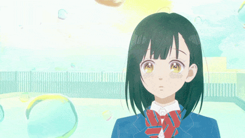 a girl with green hair and yellow eyes is standing in front of soap bubbles