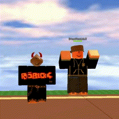 two roblox characters standing next to each other with one holding a sign that says roblox