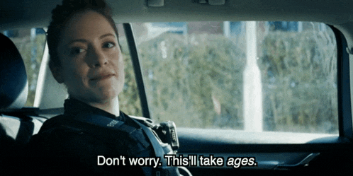 a woman in a police car says " don t worry this ll take ages "
