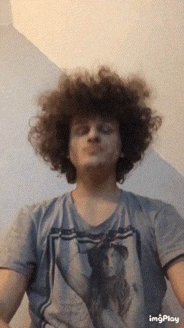 a man with curly hair is wearing a grey shirt with a picture of a woman on it