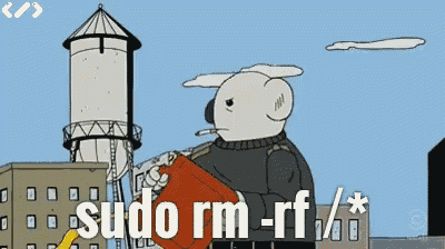 a cartoon of a man holding a gas can that says sudo rm-rf