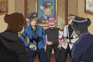a group of monkeys are gathered around a painting of a monkey wearing a hat that says bayc