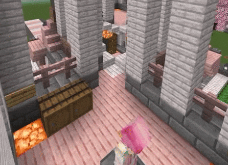 a girl in a pink hat is playing a video game called minecraft .