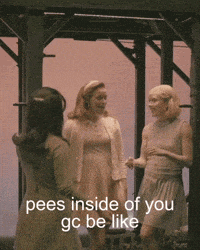 a group of women standing next to each other with a caption that says pees inside of you gc be like