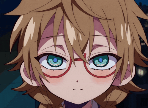 a close up of a anime character with glasses on