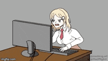 a cartoon of a woman sitting at a desk looking at a computer screen .