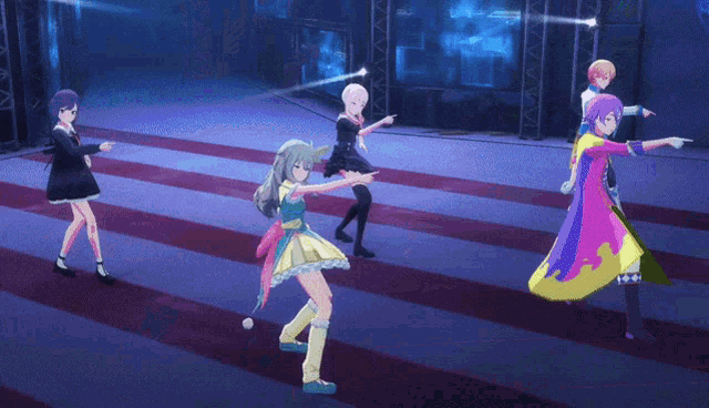 a group of anime characters are dancing together on a stage