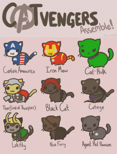 a poster of avengers cats with captain america iron meow black cat and cat hulk