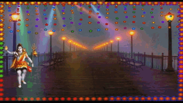 a painting of a man holding a trident in front of a row of lights