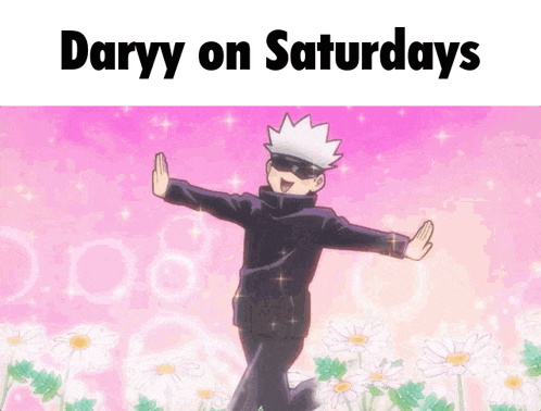 daryy on saturdays written on a pink background with a cartoon character