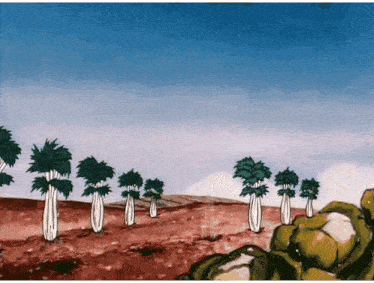 a cartoon drawing of a landscape with trees and a blue sky