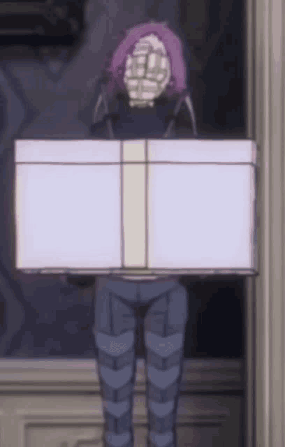 a person with purple hair is holding a white box