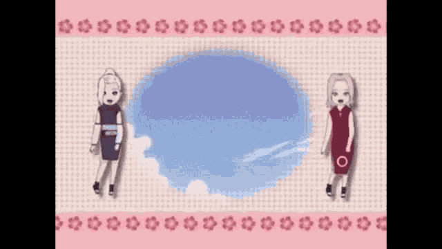 a couple of girls standing next to each other with a blue sky in the background