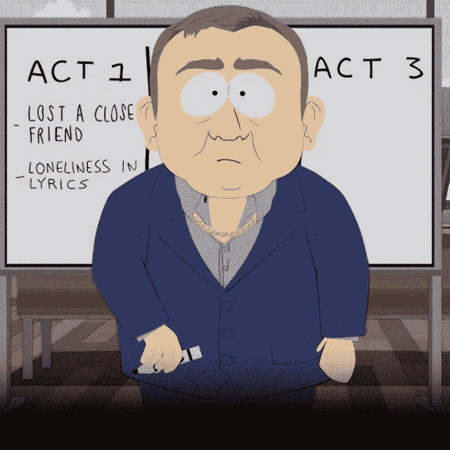 a man in a suit stands in front of a white board that says act 1 and act 3