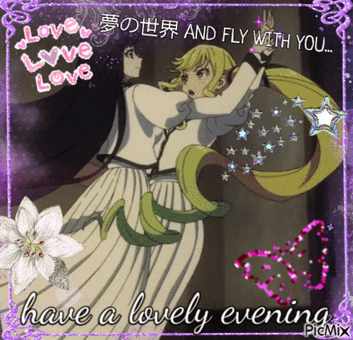 a picture of two anime girls dancing with the words love love love and fly with you