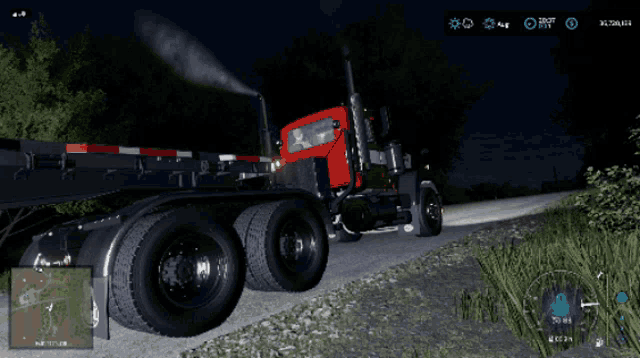 a red semi truck is driving down a road at night with a speedometer displaying 0