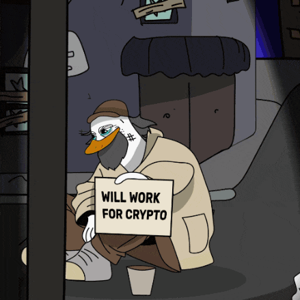a cartoon of a duck holding a sign that says will work for crypto