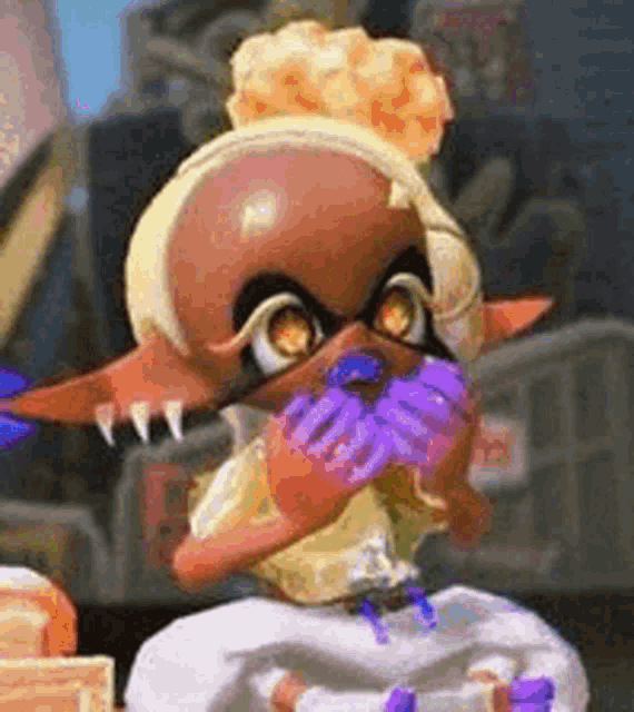 a cartoon character is holding a purple flower in her mouth in a video game .