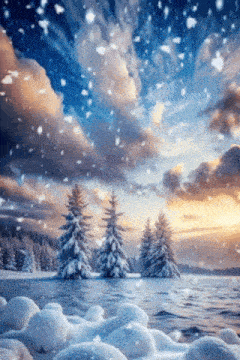 a snowy scene with trees and a lake in the foreground