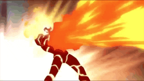 a cartoon character is surrounded by flames and a cloudy sky
