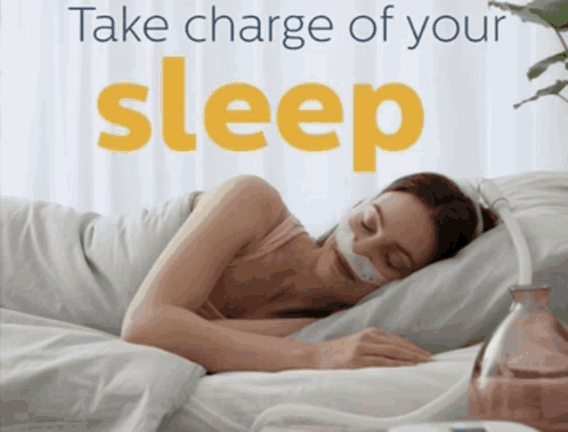 a woman is sleeping with a mask on her face and the words take charge of your sleep