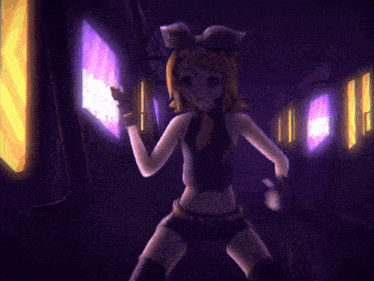 a girl with a bow on her head is dancing in a dark hallway