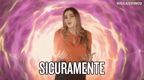 a woman in an orange shirt is standing in front of a purple tunnel with the words sicuramente written on it .