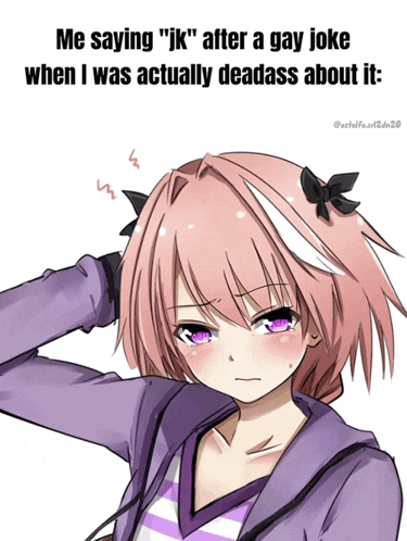 a cartoon of a girl with pink hair and purple eyes with the caption " me saying " jk " after a gay joke