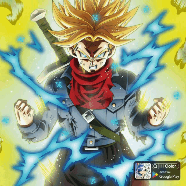 a poster of trunks from dragon ball z with a google play logo