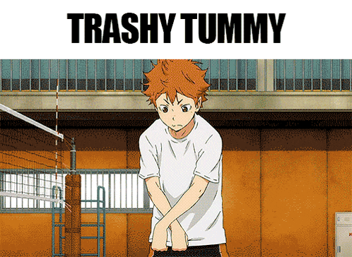 a picture of a volleyball player with the words trashy tummy written above him