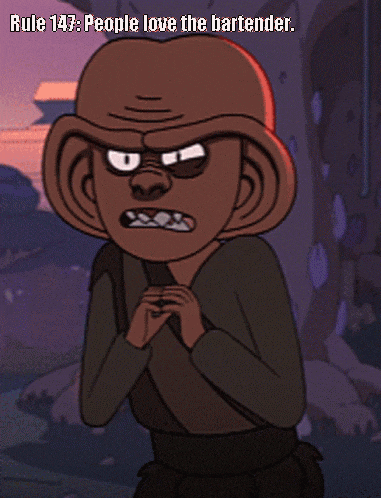 rule 147 people love the bartender is written on a cartoon character