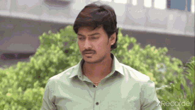 a man in a green shirt with a mustache is standing in front of trees .