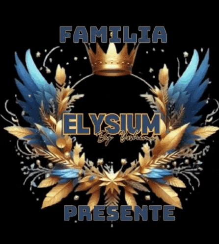 a logo for familia elysium with a crown and blue feathers