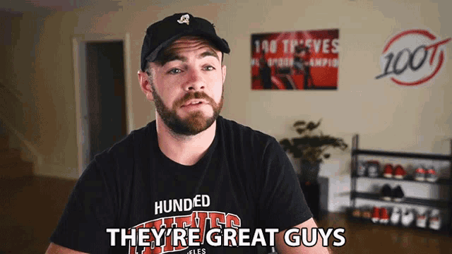 a man wearing a hundred thieves shirt says they are great guys