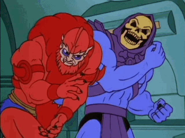 a cartoon of skeletor and a red monster