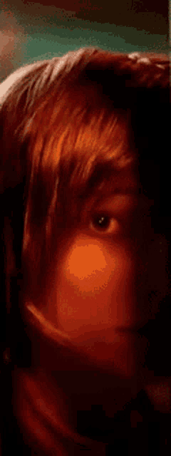 a close up of a person 's face with a yellow eye