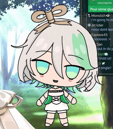 a drawing of a girl with a bow in her hair is standing in front of a screen that says " pour some glue "