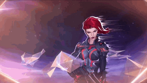 a woman with red hair is holding a gun in a dark room