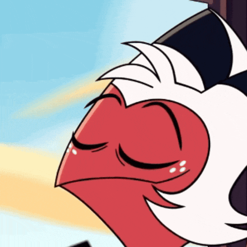 a close up of a red and white cartoon character with his eyes closed