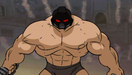 a cartoon of a muscular man with red eyes and a helmet on his head .