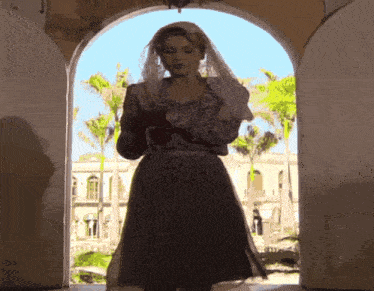 a woman in a veil is standing in an archway holding a book