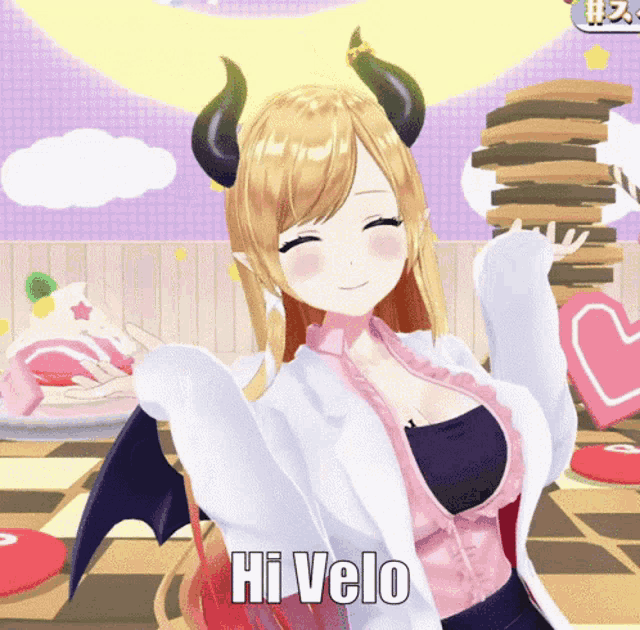 a girl with horns and wings says hi velo in a video game