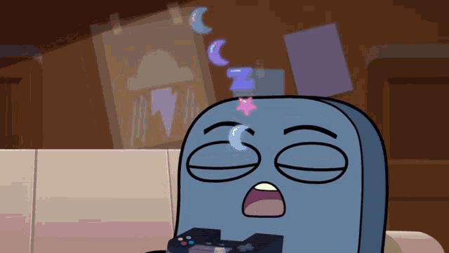 a cartoon character is sitting on a couch with a video game controller