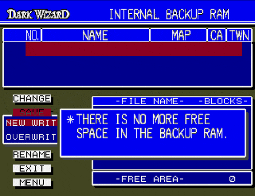 a screenshot of a game called dark wizard shows that there is no more free space in the backup ram