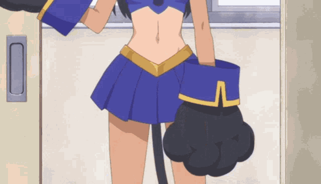 a girl in a cheerleader outfit is holding a black boxing glove