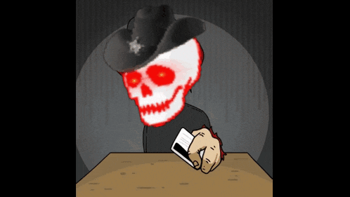 a cartoon of a skeleton wearing a cowboy hat holding a credit card
